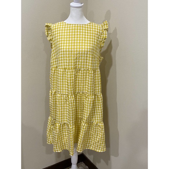 Kirundo dress Yellow White Gingham Check Tired Ruffle Fit Flare Large - Picture 1 of 3
